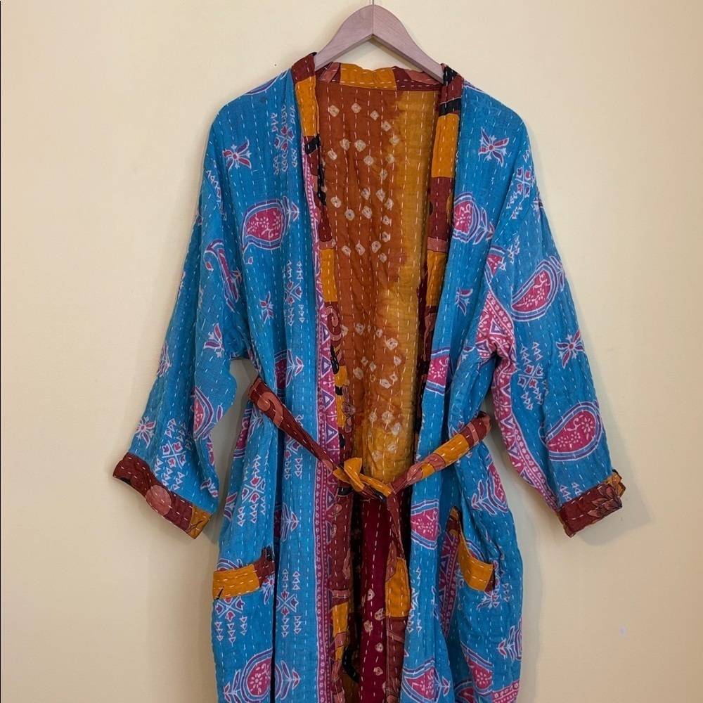 Handmade India Kantha Stitch Cotton Floral Contrast Tie Pockets Duster Cardigan - Picture 5 of 17